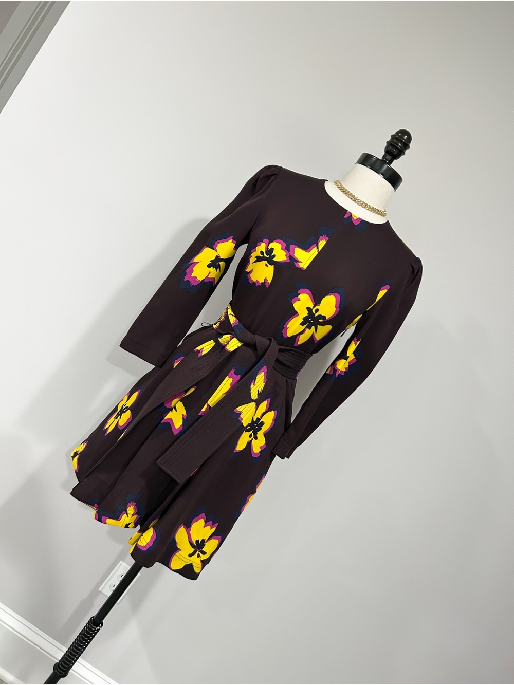 A.L.C. Dark Plum Floral Belted Long-Sleeve Dress with Yellow Accents